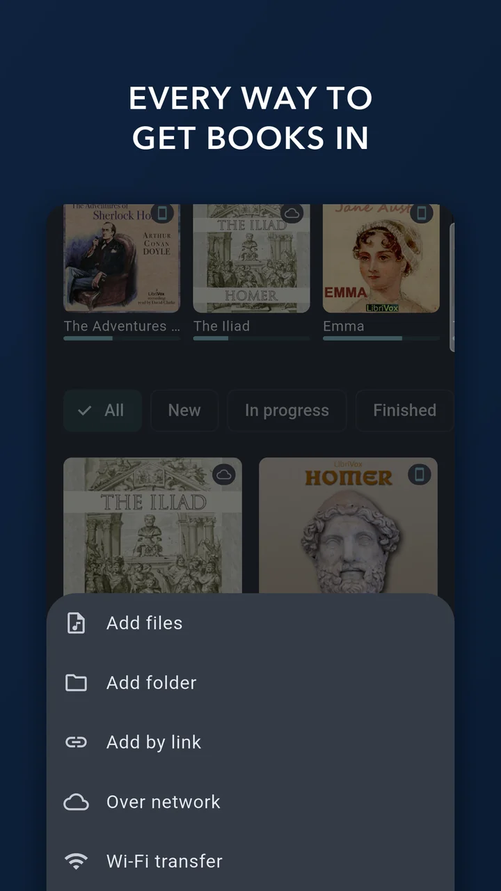 Every way to get books in — add files, a folder, a link, from a network source or over Wi-Fi