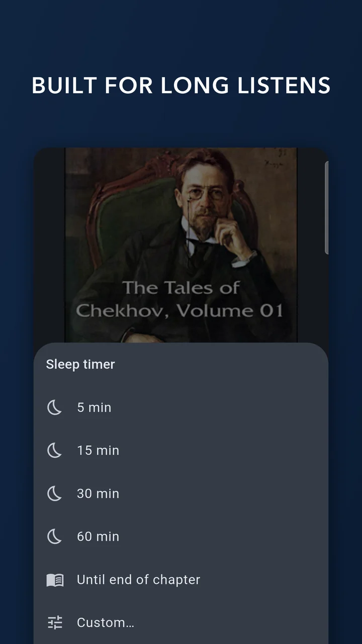Built for long listens — the sleep timer, including until the end of the chapter