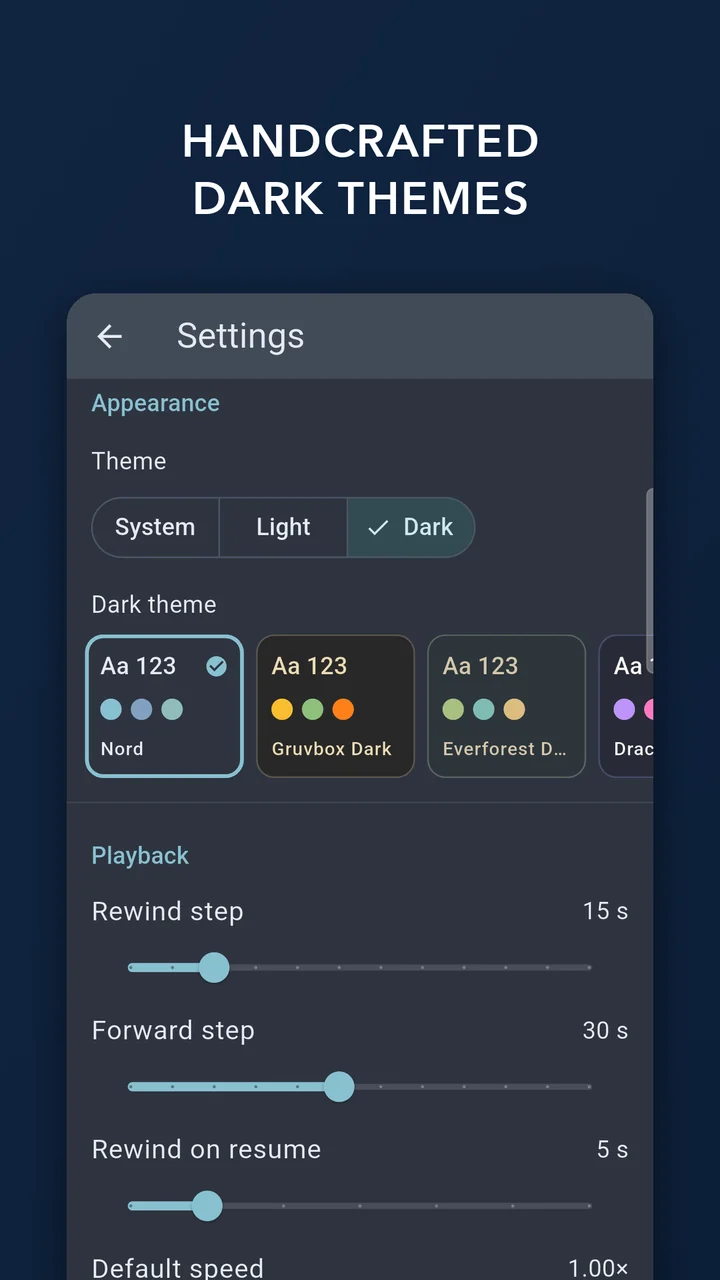 Handcrafted dark themes — choosing a dark theme in Settings